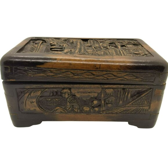 Antique Camphor Wood Intricately Hand Carved Box Jewelry Trinket Early 1900's - Picture 6 of 16